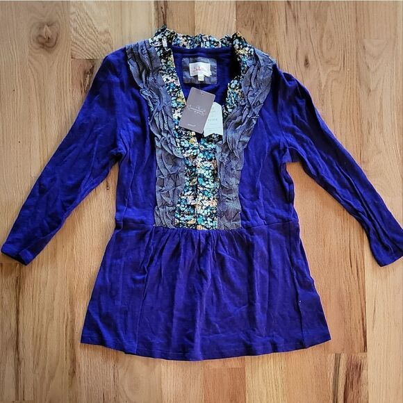 NWT Anthropologie Deletta Blouse with Tuxedo Ruffles Indigo Blue - Picture 5 of 5